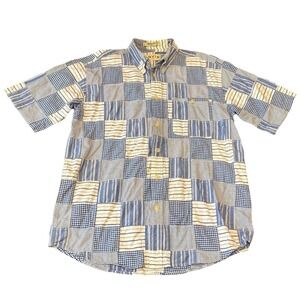 Orvis Patchwork Mens Shirt Sz Medium Blue Plaid Patches Short Sleeve Button Down